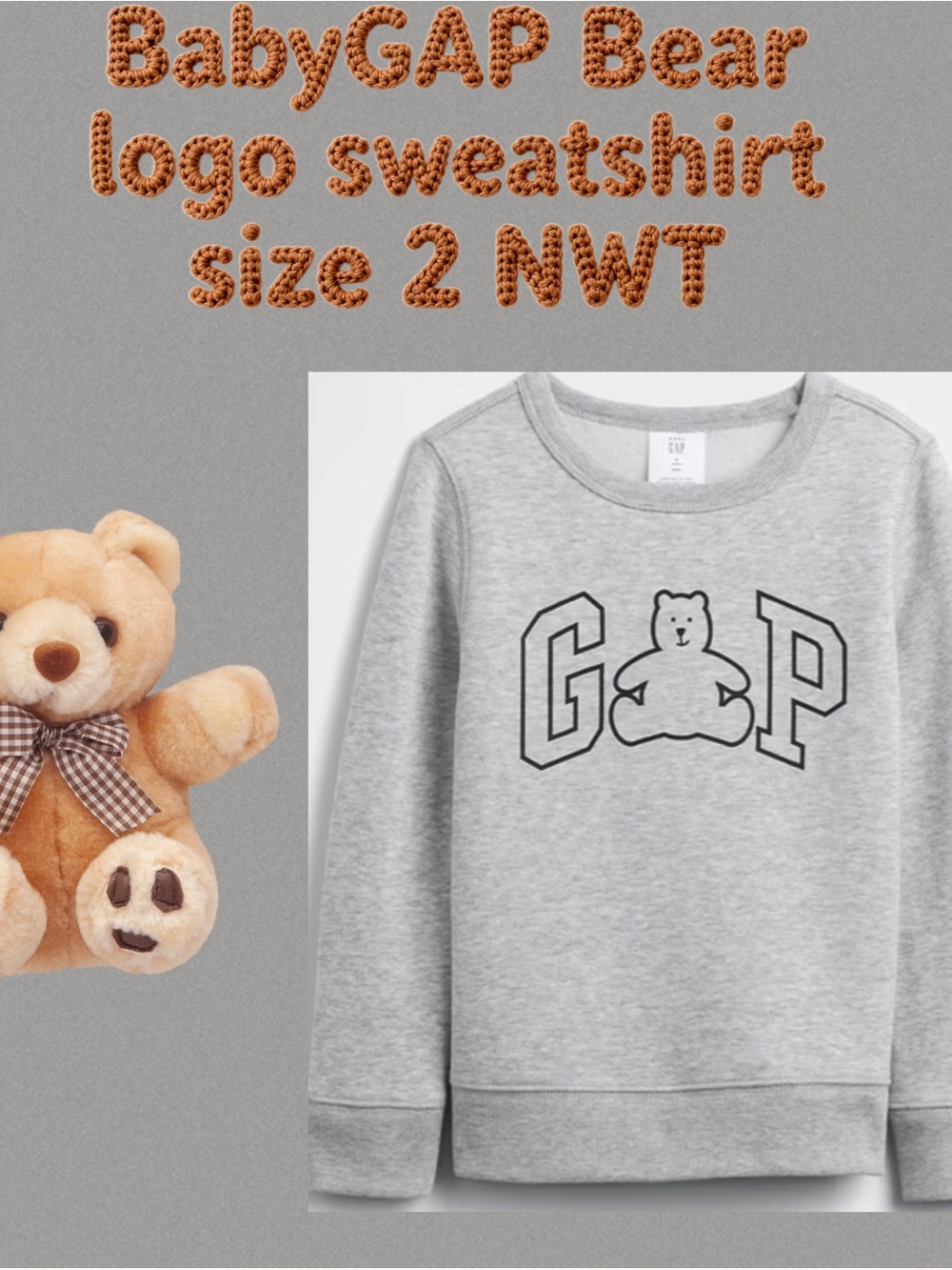 BabyGAP Kids' Gray Bear Logo Sweatshirt Size 2 NWT